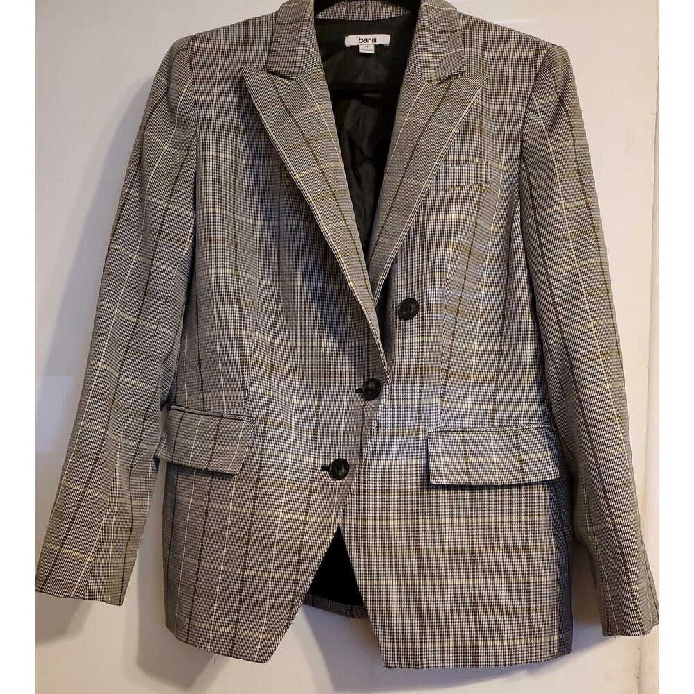 Bar III Women's Faux-Double-Breasted Plaid Black Blazer Jacket Coat Size 12